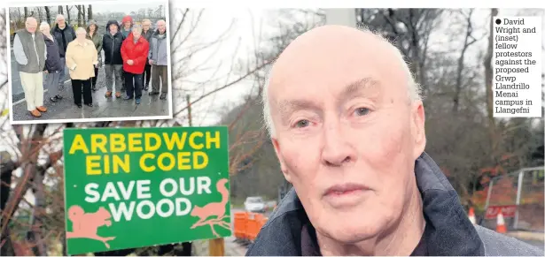  ??  ?? David Wright and (inset) fellow protestors against the proposed Grwp Llandrillo Menai campus in Llangefni