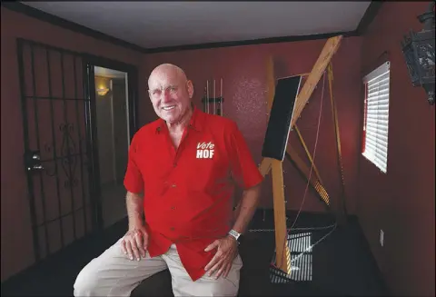  ?? STEVE MARCUS ?? Dennis Hof, standing in the bondage and discipline room at his Love Ranch legal brothel in Crystal, Nev., recently won the Republican nomination for Assembly District 36. As the November election approaches, Hof says he’s about to sell his brothels in the district, in deference to his potential constituen­ts.