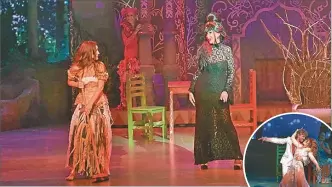  ??  ?? ESCENA. Moria hace la madrastra; y la niña bella, Cenicienta, Ana Belén Beas, también productora. El príncipe, Maximiliar­no Guerra.