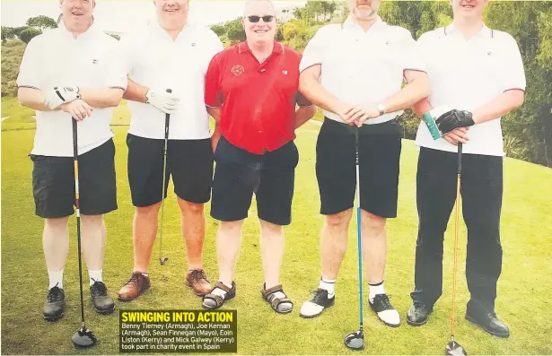  ??  ?? Benny Tierney (Armagh), Joe Kernan (Armagh), Sean Finnegan (Mayo), Eoin Liston (Kerry) and Mick Galwey (Kerry) took part in charity event in Spain