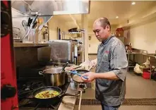  ?? Photos by Lea Suzuki/The Chronicle ?? Chivas Nishihara, research chef, prepares mycelium-based Mamu to make gnocchi for a demonstrat­ion dinner.