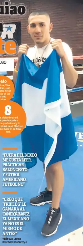  ?? FOTOS JORGE ARIEL TURCIOS. ?? CONFIANZA. Teófimo posa con la bandera de Honduras en uno de los rings del Top Rank, adonde practica.