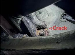  ?? ?? ABOVE: It was a good job that Martyn inspected the suspension and steering rack mounts. What he initially thought to be a line of grease on the rack mounting plate (which also locates the front wishbones) turned out to be a crack.