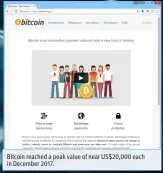  ??  ?? Bitcoin reached a peak value of near US$20,000 each in December 2017.