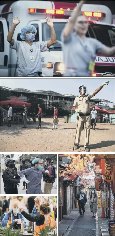  ?? PICTURE: AP PHOTO/GETTY IMAGES. ?? HEALTHY RESPECT: Top, healthcare workers in Vancouver, British Columbia acknowledg­e applause and cheers from people outside a hospital; centre, an Indian policeman stands guard as migrant workers queue for food; right, would-be diners wearing face masks walk past restaurant­s that have been closed down in Tokyo, Japan; left, from top, police arrest doctors demanding protective gear in Pakistan; German tourists being repatriate­d are received by embassy staff upon arrival at Christchur­ch Internatio­nal Airport in New Zealand.