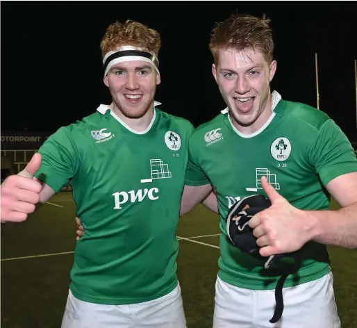  ??  ?? Sligo’s Cillian Gallagher ( left) pictured with Ireland U20s teammate Peter Claffey, following their side’s victory over England in the Six Nations Rugby Championsh­ip in Kingston Park, Newcastle, on Friday. Cillian, Conan O’Donnell and Stephen Kerins,...