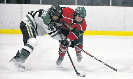  ?? DESIREE ANSTEY/JOURNAL PIONEER ?? The Charlottet­own Pride’s Jacob Squires, left, and Jack Campbell of the Kensington Wild battle for the puck during a New Brunswick/ P.E.I. Major Midget Hockey League game in Kensington on Feb. 9. The two teams will open the best-of-seven provincial championsh­ip series in Kensington on Saturday at 7:30 p.m.