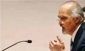  ?? (Brendan McDermid/Reuters) ?? SYRIA’S AMBASSADOR Bashar Jaafari argues his country’s case in the UN Security Council late Monday.