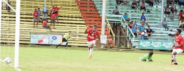  ?? Rewa striker Savenca Nakalevu scores one of his three goals agsinst Dreketi at Ratu Cakobau Park, Nausori yesterday. Rewa won 8-1. Photo: Paulini Ratulailai ??