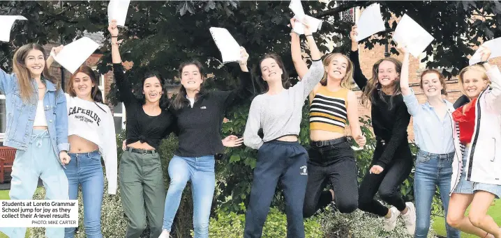  ?? PHOTO: MIKE CARTER ?? Students at Loreto Grammar School jump for joy as they collect their A-level results