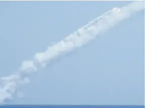  ?? AP PHOTO ?? In this image made from video a long-range Kalibr cruise missile is launched by a Russian navy submarine in the Mediterran­ean on Thursday. Russia’s military says it fired seven cruise missiles at Islamic State targets in the eastern Syrian province of...