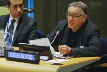  ?? (AP) ?? Actor Robert De Niro, right, address a high-level meeting on Hurricane Irma at the United Nations headquarte­rs, Monday, Sept. 18, 2017.