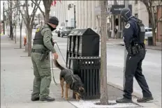  ?? Mark Humphrey/Associated Press ?? A K-9 team works in the area of an explosion Friday in downtown Nashville, Tenn. Three people hurt in the blast were taken to hospitals for treatment and were in stable condition Friday night.