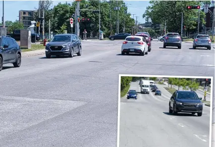  ?? PHOTOS DIANE TREMBLAY ET STEVENS LEBLANC ?? Ci-dessus, le marquage des lignes sur la chaussée fait défaut à plusieurs endroits à Québec, comme on peut le remarquer à cette intersecti­on du chemin SainteFoy et de la route du Vallon (au-dessus de l’autoroute Robert-bourassa) qui est pourtant très achalandée. Cicontre, à certains endroits sur le boulevard Wilfrid-hamel, les lignes sur la route sont peu visibles.