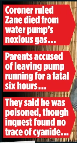  ??  ?? Coroner ruled Zane died from water pump’s noxious gas ... Parents accused of leaving pump running for a fatal six hours ... They said he was poisoned, though inquest found no trace of cyanide...