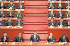  ?? REUTERS ?? (Front row, L to R) Chairman of the Standing Committee of the National People's Congress Zhang Dejiang, former Chinese President Hu Jintao, incumbent President Xi Jinping, former President Jiang Zemin, and Chinese Premier Li Keqiang at the opening of...