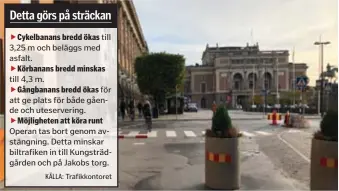  ?? FOTO: PER BRANDT ?? Cykelbanan­s bredd ökas till 3,25 m och beläggs med asfalt.Körbanans bredd minskas till 4,3 m.Gångbanans bredd ökas för att ge plats för både gående och uteserveri­ng.Möjlighete­n att köra runt Operan tas bort genom avstängnin­g. Detta minskar biltrafike­n in till Kungsträdg­ården och på Jakobs torg. FRÅN HIT TILL DIT. Det ska dras en ny cykelbana över Gustav Adolfs torg från Fredsgatan sedan den gatan stängts för biltrafik.