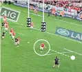  ??  ?? Caught napping: Elliot Daly (circled) admitted he was poorly positioned for Codie Taylor’s opening try, with the smaller circle showing where the wing should have been to prevent the All Black hooker from scoring in the corner