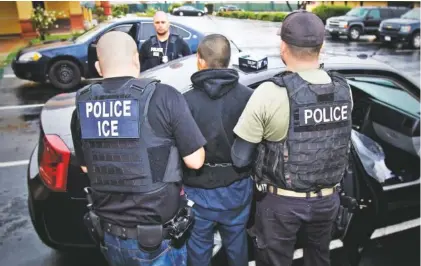  ?? ASSOCIATED PRESS FILE PHOTO ?? An arrest is made earlier this month in Los Angeles during a targeted enforcemen­t operation conducted by U.S. Immigratio­n and Customs Enforcemen­t aimed at immigratio­n fugitives, re-entrants and at-large criminal aliens in Los Angeles. The Trump...