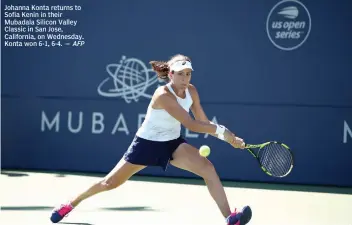  ?? AFP ?? Johanna Konta returns to Sofia Kenin in their Mubadala Silicon Valley Classic in San Jose, California, on Wednesday. Konta won 6- 1, 6- 4. —