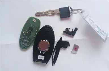  ?? Lorraine SOmerfeld / Driving ?? This is what remains of a key fob to an Infiniti Q70 after a snow plow ran over it.