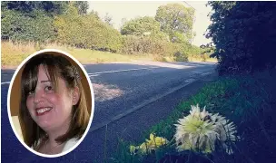  ??  ?? ●● Flowers left close to the scene of the crash on Congleton Road, Gawsworth in which Emily Burgess (inset) died