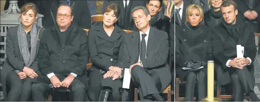  ?? FOTOS: AFP ?? JUNTOS. (De izq. a der.) Julie Gayet y Hollande, Carla Bruni y Sarkozy, y Brigitte y Emmanuel Macron en el responso a Johnny Hallyday.