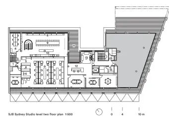  ??  ?? 1 Fire stairs 2 Storage room 3 Meeting space 4 Sample library 5 Print area 6 Office 7 Lounge 8 Window seating 9 Lunch table 10 Kitchen 11 Deck 12 Reception 13 Waiting area 14 Lift 15 Bathrooms