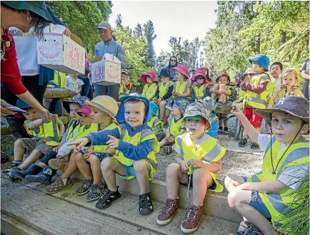  ?? PHOTO: GRANT MATTHEW/STUFF ?? Pukekura Kindergart­en kids released the five ducklings that they had taken care of in Fountain Lake at Pukekura Park yesterday.