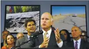  ?? ANDA CHU/STAFF ?? Gov. Jerry Brown, joined by a group of business leaders, tells reporters in Oakland on Wednesday that state lawmakers must find a bipartisan way to pay for infrastruc­ture repairs.