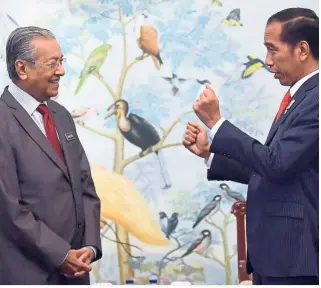  ??  ?? Friendly ties: Dr Mahathir being greeted by Widodo upon his arrival at the Halim Perdanakus­uma Internatio­nal Airport in Jakarta. — Bernama