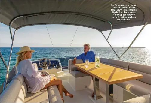  ??  ?? Le fly propose un carré central autour d’une table dont le plateau se déplie. Le bimini ou un hard-top (en option) seront indispensa­bles en croisière.