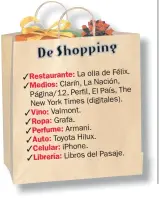  ??  ?? Félix. Restaurant­e: La olla de Medios: Clarín, La Nación, The Página/12, Perfil, El País, New York Times (digitales). Vino: Valmont. Ropa: Grafa. Perfume: Armani. Auto: Toyota Hilux. Celular: iPhone. Librería: Libros del Pasaje.