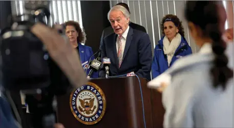  ?? MATT STONE — BOSTON HERALD ?? U.S. Sen. Ed Markey, hosting a news conference at the John F. Kennedy Federal Building Wednesday afternoon, highlighte­d how there could be “big consequenc­es” if Steward’s sale to UnitedHeal­th goes through.