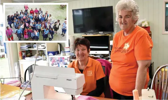  ??  ?? CHANGING LIVES: Days for Girls Toowoomba team leaders Roslyn Amiss (left) and Robbie Burton create washable menstruati­on kits for girls and women in Nepal and provide them with health education. INSET: Girls at a Nepalese school receive the kits during...