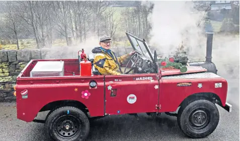  ??  ?? Frank Rothwell with Mildred, a Land Rover he bought and converted into a steam-driven vehicle. ‘It keeps me out of the pub,’ he says