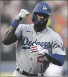  ?? AP PHOTO/NICK WASS ?? Los Angeles Dodgers’ Jason Heyward gestures as he rounds the bases on his threerun home run during the second inning of a baseball game against the Baltimore Orioles on Tuesday in Baltimore.