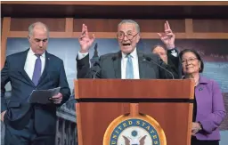  ?? J. SCOTT APPLEWHITE/AP ?? Senate Minority Leader Chuck Schumer, D-N.Y., speaks Thursday at the Capitol. He acknowledg­ed that many senators “really don’t want to be here.”