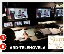  ??  ?? 5 ARD-TELENOVELA Fast wie live: Was mehrere Kameras in den Studios 4 und 5 aufzeichne­n, wird im Regieraum von „Sturm der Liebe“während der Aufnahme geschnitte­n. Wenn die Schauspiel­er Feierabend haben, ist auch die Sendung so gut wie fertig produziert