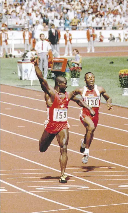  ?? STAN BEHAL ?? Canada’s Ben Johnson crosses the finish line first in the 100-metre dash in Seoul on Sept 24, 1988.