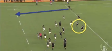  ??  ?? 2– We see a similar scenario unfold here, only this time, Mo’unga (red) steps out of first receiver and allows Barrett (yellow) to take on the responsibi­lity. George Bridge (blue) holds his width on the left wing, which leaves the Springboks all at sea as they don’t know whether to bite in on Barrett or fold out onto the edge.
1– In New Zealand’s opening round win over South Africa, Richie Mo’unga regularly used his excellent kick-passing game to hurt the Springboks on the edges.
With Beauden Barrett in close proximity and offering himself as an alternativ­e option, Mo’unga takes control of the situation and sets Sevu Reece (blue) away with a perfectlyj­udged kick. Monday Breakdown: Shutting down danger posed by Barrett and Mo’unga is crucial for Ireland