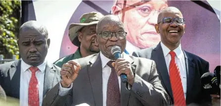  ?? /THULANI MBELE ?? Former president Jacob Zuma addresses Ukhonto we Sizwe (MK) supporters outside the Johannesbu­rg high court after his private prosecutio­n case against Cyril Ramaphosa.
