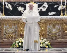  ?? Vatican Media via Getty Images ?? Pope Francis speaks prior to deliver his Urbi et Orbi Blessing, after celebratin­g Easter Mass on Sunday at St. Peter’s Basilica in The Vatican during the pandemic.