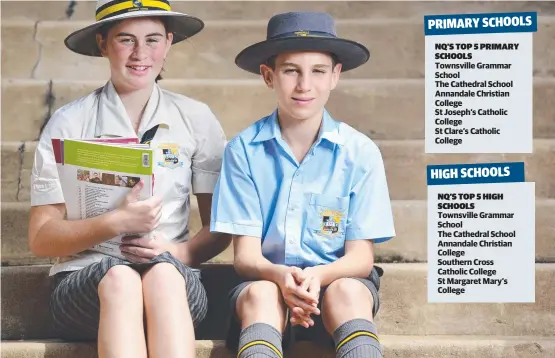  ?? Picture: MATT TAYLOR ?? FIRST CLASS: Poppy Costello, 12, and Christian de Jersey, 12, from Townsville Grammar School, which was one of the best NAPLAN high schools.