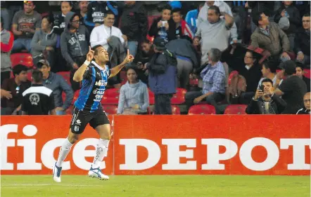  ??  ?? He Who Shall Not Be Named of Queretaro celebrates his goal against Pachuca during their Mexican Clausura 2017 tournament match at La Corregidor­a stadium in Queretaro, Mexico, in March. Getty