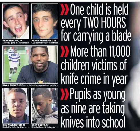  ??  ?? SEAN McHUGH, 19 Killed by gang in launderett­e ALAN CARTWRIGHT, 15 Cyclist stabbed in the street KIYAN PRINCE, 15 Soccer lad and campaignin­g dad Mark CHE WELLINGTON, 17 Died after baby brother born GARY SCOTT, 17 Killed after a birthday party