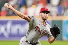  ?? Brett Coomer/Staff photograph­er ?? Phillies righthande­r Zack Wheeler allowed four runs on six hits with three strikeouts in five innings in the Game 2 loss.