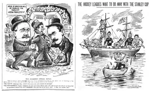  ?? ?? Above left: Arthur Racey’s March 15, 1906, Montreal Star cartoon responded to complaints of jacked-up ticket prices for a MontrealOt­tawa Stanley Cup contest. Above right: Racey drew this cartoon for the Montreal Star on April 19, 1904, when there were calls from organizers to replace the Stanley Cup with a new trophy.