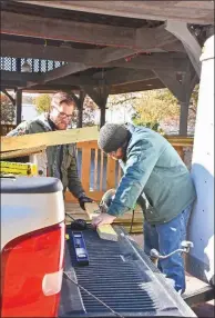  ?? STACI VANDAGRIFF/THREE RIVERS EDITION ?? Mikey Tribbie, left, and Michael Allen, both building-maintenanc­e employees for Searcy Parks and Recreation, work on the railing for the sumtjetoc ice-skating rink at Spring Park on Nov. 13.