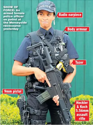  ??  ?? SHOW OF FORCE: An armed female police officer on patrol at the Merseyside racecourse yesterday 9mm pistol Radio earpiece Body armour Tazer Heckler & Koch 5.56mm assault rifle